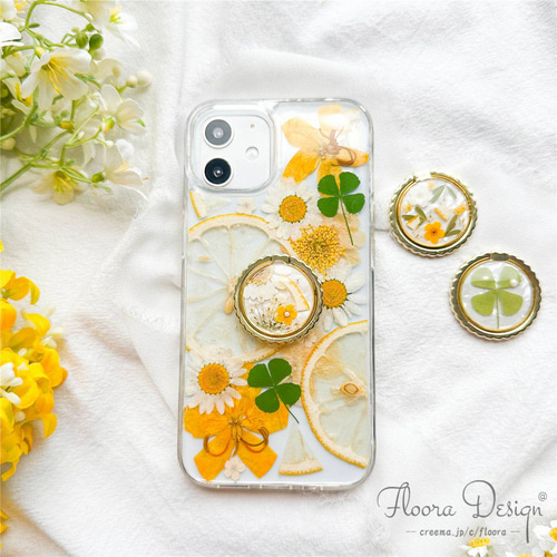 アリッサム 押し花 ドライフラワー スマホリングハンドメイド iPhoneケース アリッサム 押し花 ドライフラワー スマホリングハンドメイド