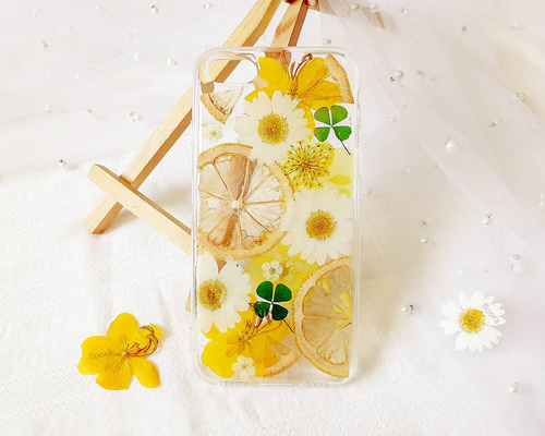 しあわせレモネード & 四つ葉 押し花スマホケース フルーツ
