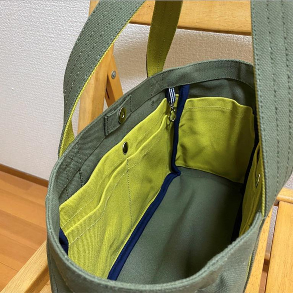 “Pocket Tote”水平尺寸“Olive x Hiwa Green”/帆布手提包/倉敷帆布 No.8 [定做] 第6張的照片