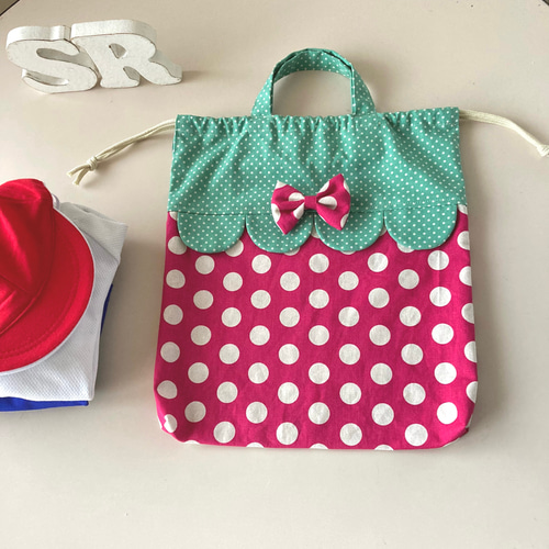 strawberry～ピンクの水玉 持ち手付き巾着・大（体操服袋お着替え袋に