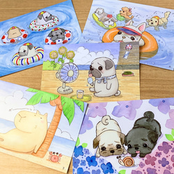 夏のおとぼけパグ、フレブル、カピバラ イラストポストカード 5
