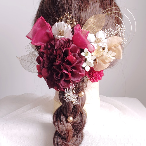 H51　レッドダリア水引 ヘアアクセサリー 浴衣Ｕピン和装オーガンジーリボン H51 レッドダリア水引 ヘアアクセサリー 浴衣Uピン和装