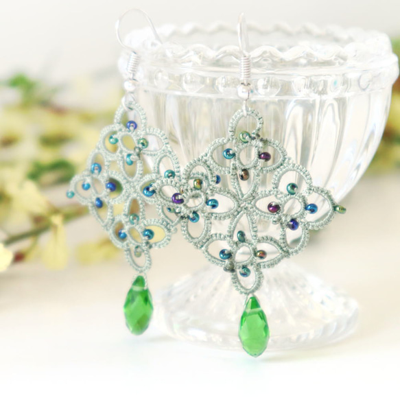 OYA Tatting lace earrings [RHOMBUS] Garden Green 第1張的照片