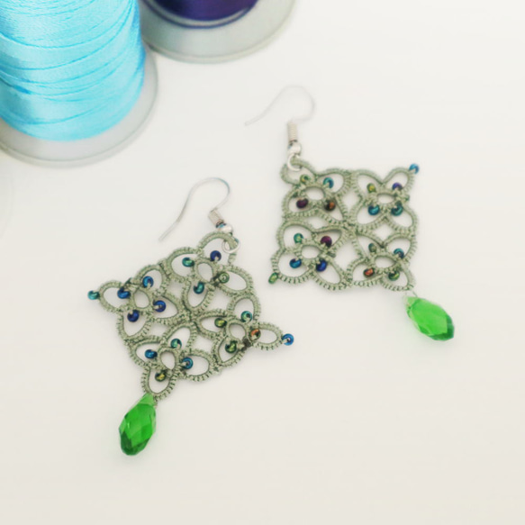 OYA Tatting lace earrings [RHOMBUS] Garden Green 第2張的照片