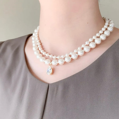 ナチュラル/ 1粒の煌めき 2連 パール ネックレス＜結婚式 七五三 卒業