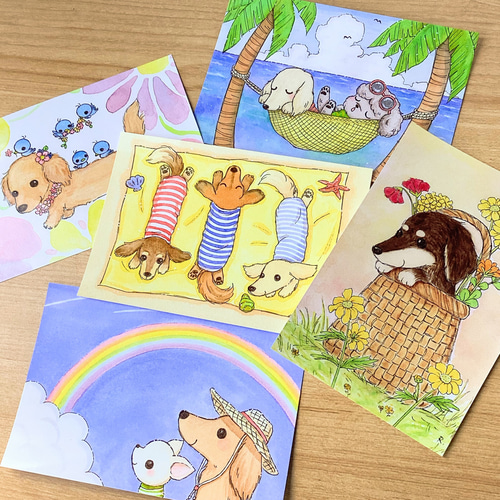 夏のミニチュアダックス イラストポストカード 5枚セット