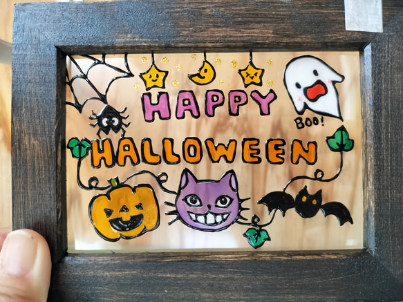送料無料*ステンドグラス風フレーム*ハロウィン・お化け･蜘蛛の巣･化け猫･かぼちゃ･ハンドメイド♪ 1枚目の画像