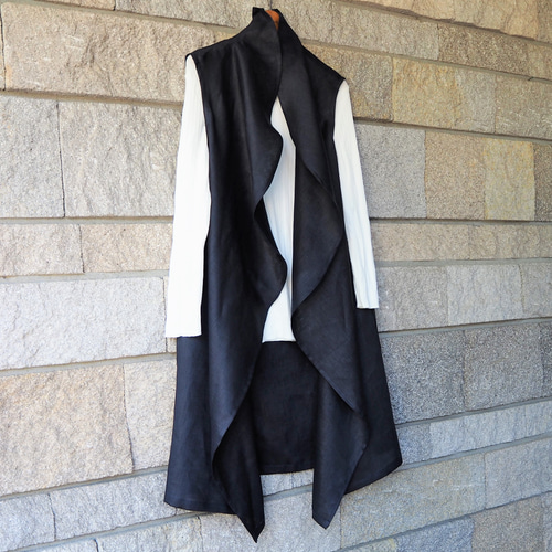 リネン ネイビー前ドレープ ジレ カーディガン Ruka 通販｜Creema