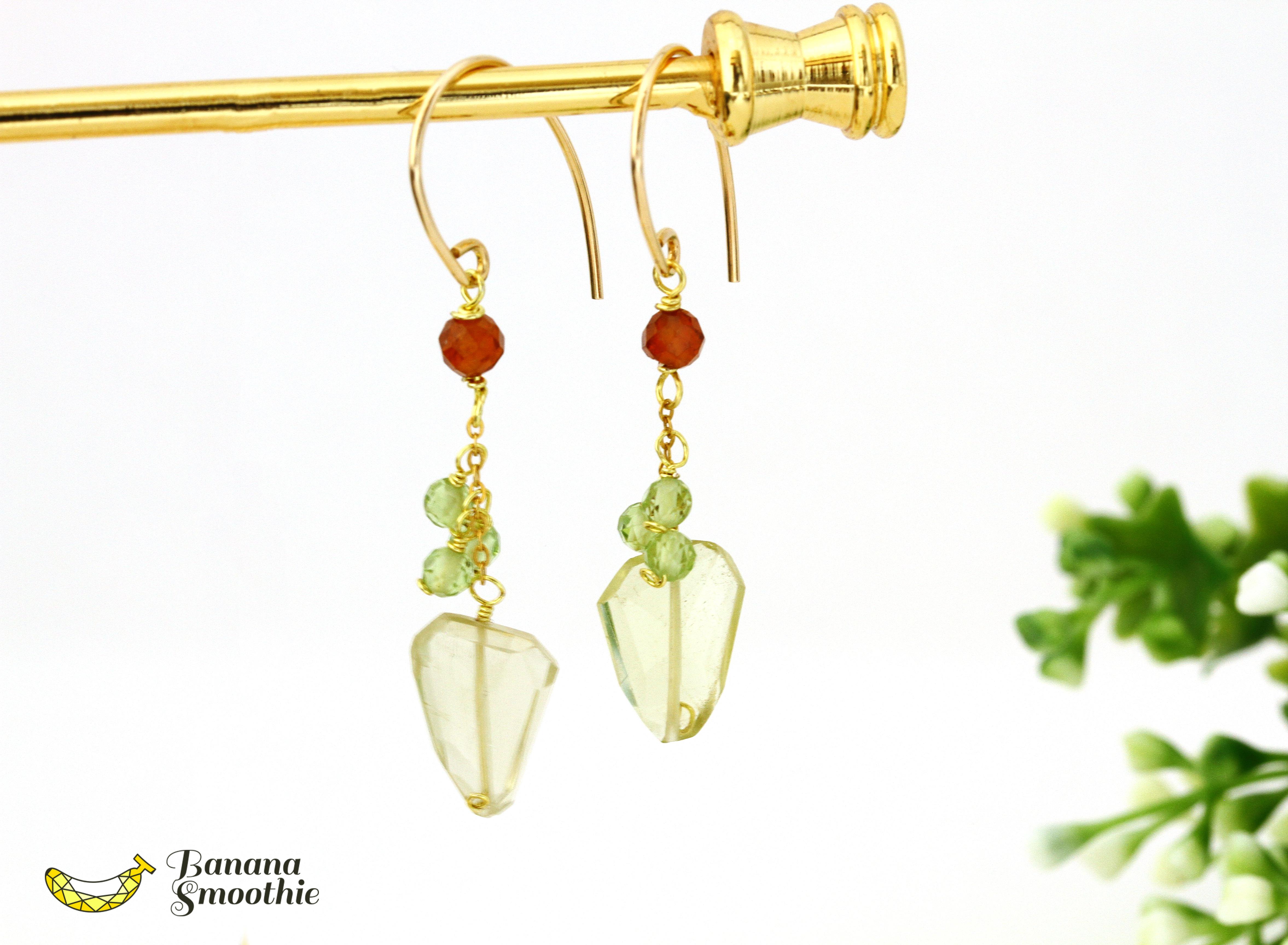 果実のような レモンクォーツ ラフカット×ペリドット・ヘソナイト 14kgfピアス 4月誕生石