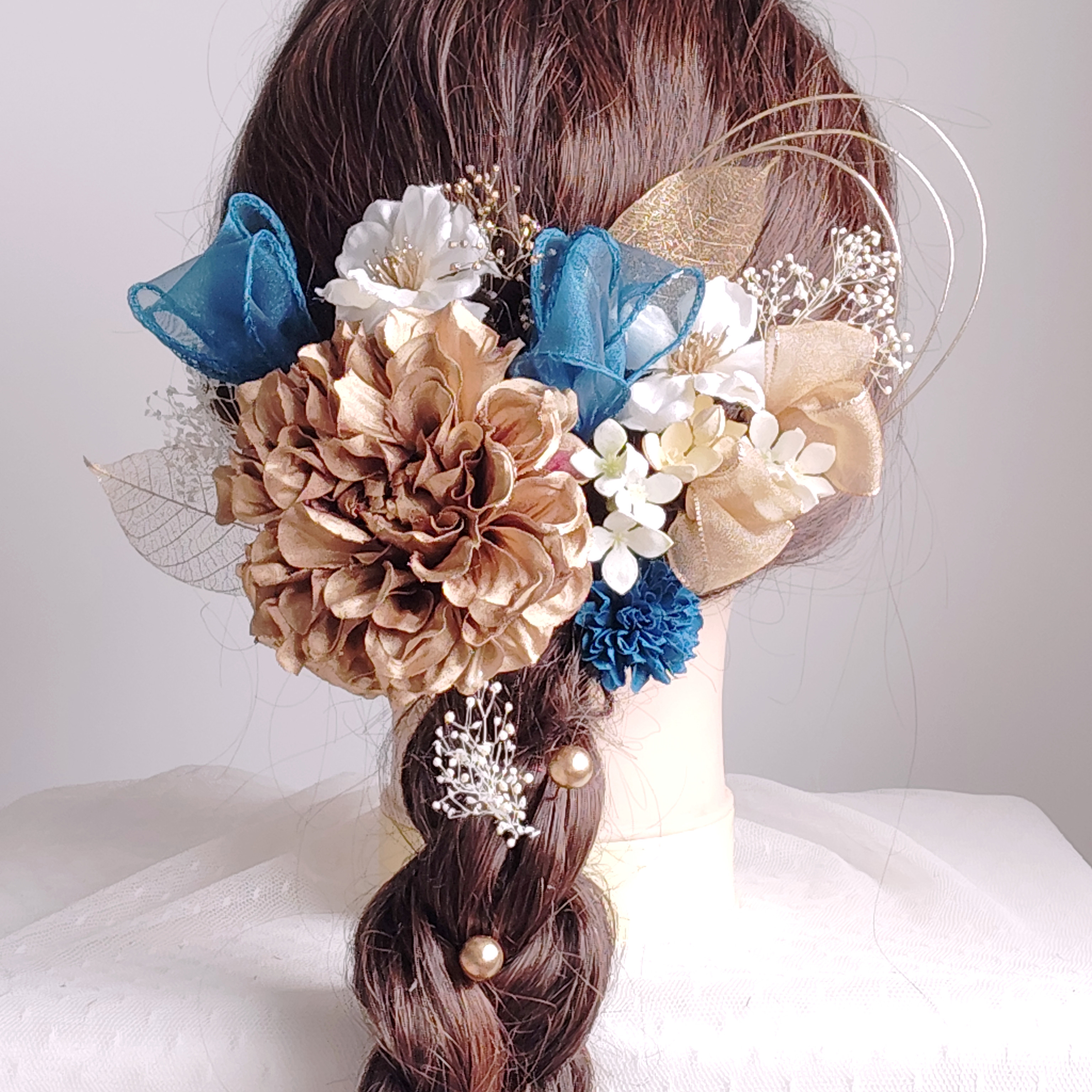 オーガンジーリボンと水引きの髪飾り　結婚式　卒業式　成人式　 髪飾り 　和装　花嫁　白無垢　色打掛　振袖　袴　着物