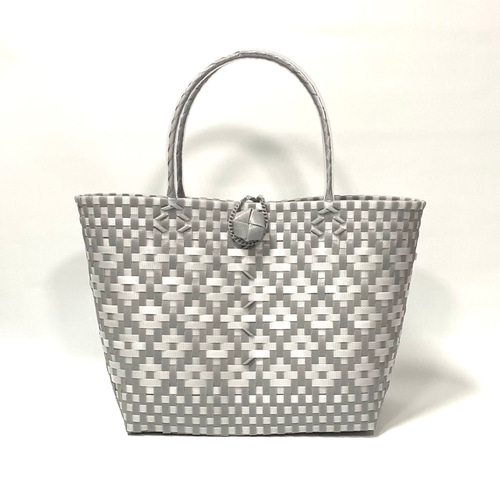 プラかごバッグ★ブラックxアイボリー エスニック　ワイド★ プラかごバッグ☆ブラックxアイボリー エスニック ワイド☆