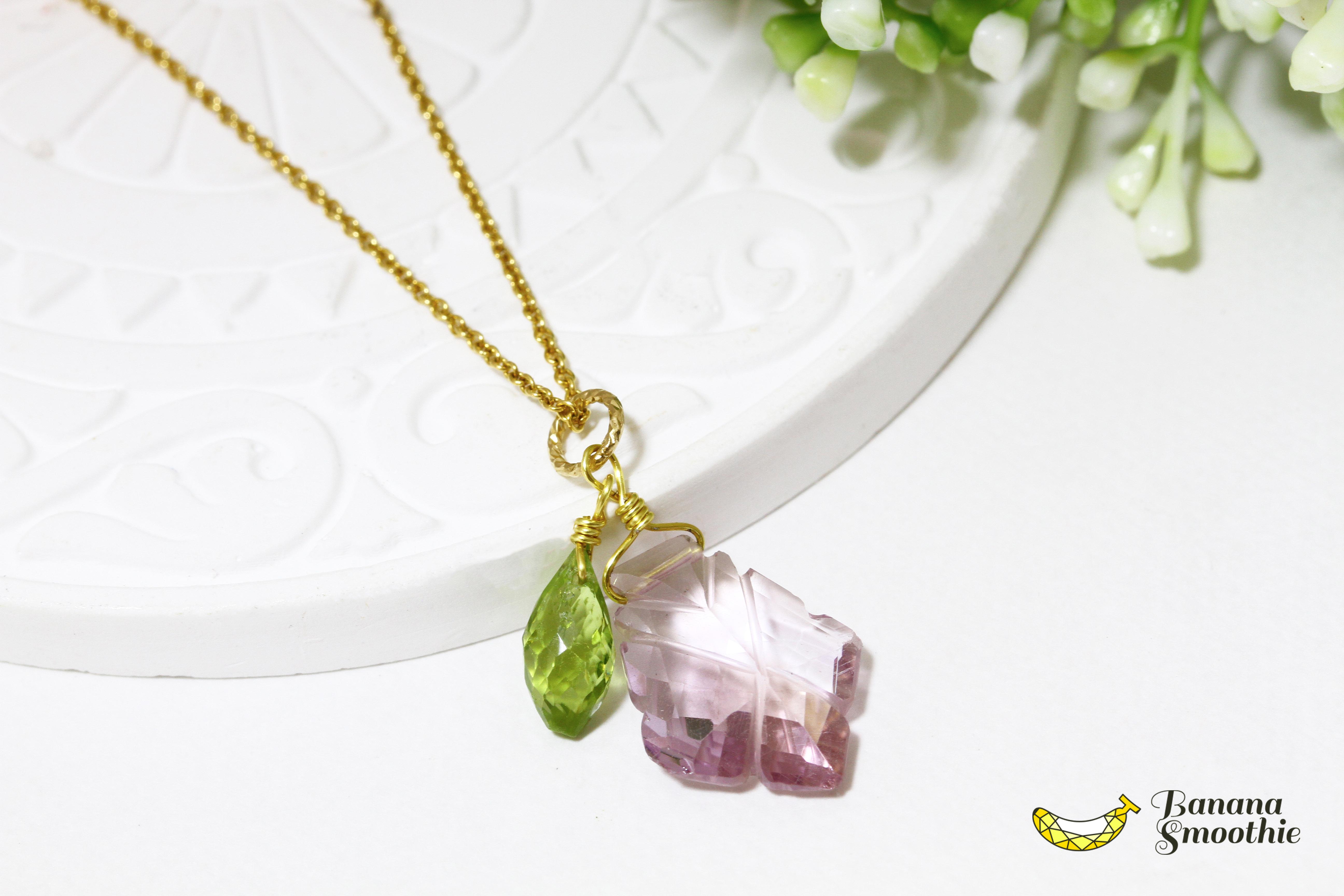 可愛らしい煌めき ピンクアメジスト リーフカット×ペリドット 14kgfネックレス 2月、8月誕生石