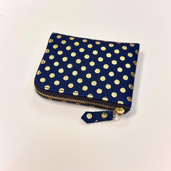 【セミオーダーできます】ピッグスキンのスリムなミニ財布　みずたまネイビー 3枚目の画像