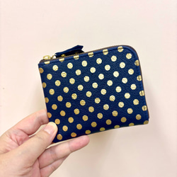 【セミオーダーできます】ピッグスキンのスリムなミニ財布　みずたまネイビー 6枚目の画像