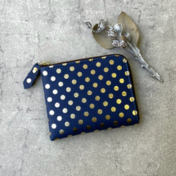 【セミオーダーできます】ピッグスキンのスリムなミニ財布　みずたまネイビー 1枚目の画像