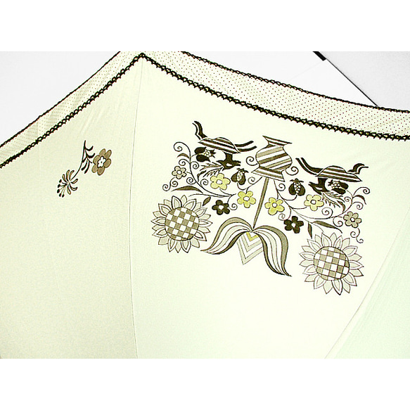 鳥と馬と花の更紗の日傘（ドット柄布付き）（薄生成色） 5枚目の画像