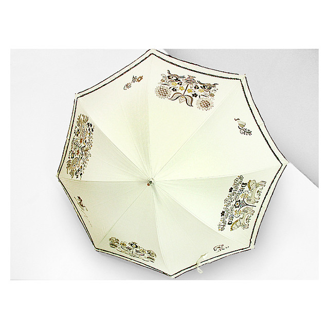 鳥と馬と花の更紗の日傘（ドット柄布付き）（薄生成色）