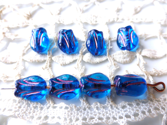 ミニチューリップ　青ピンク　チェコビーズCzech Glass Beads8個 1枚目の画像