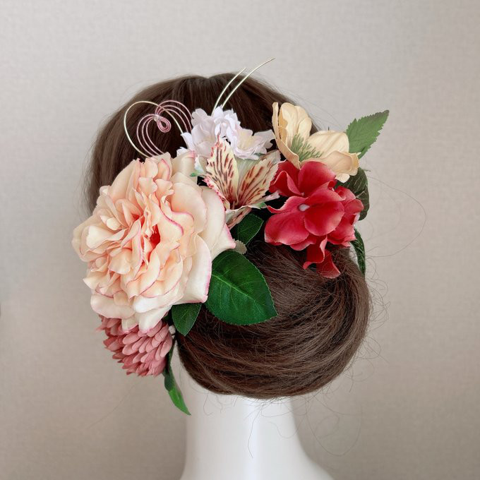 ピーチピンクの薔薇とテラコッタのマムのヘッドドレス　桜　アネモネ　紫陽花　髪飾り　成人式　卒業袴　結婚式　ウェディング