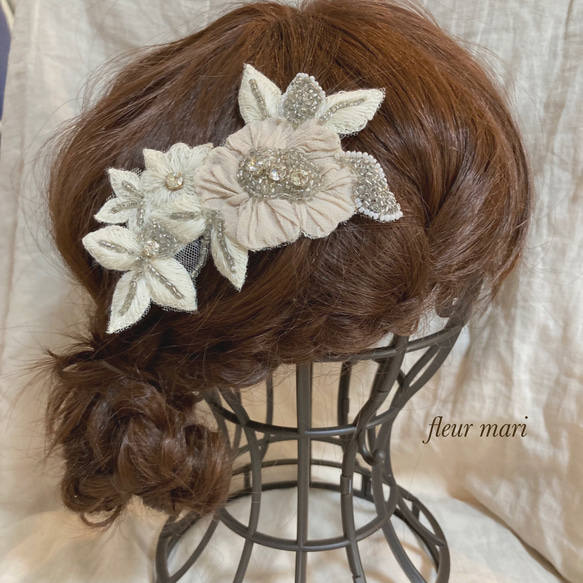 ベージュピンクのお花と刺繍のヘッドドレス アンティークレース 4枚目の画像