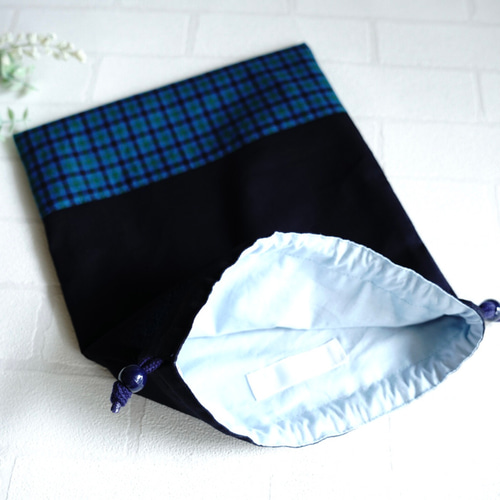 S 30×25】巾着袋・紺色・チェック・縦30cm×横25cm・男の子・ネイビー