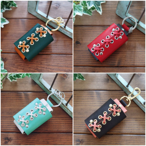 【受注製作】入れたままでボタンが押せる！オーダーメイドなひも編みレザースマートキーケース 【送料無料】 14枚目の画像