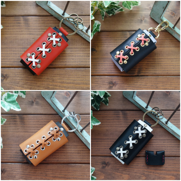 【受注製作】入れたままでボタンが押せる！オーダーメイドなひも編みレザースマートキーケース 【送料無料】 17枚目の画像