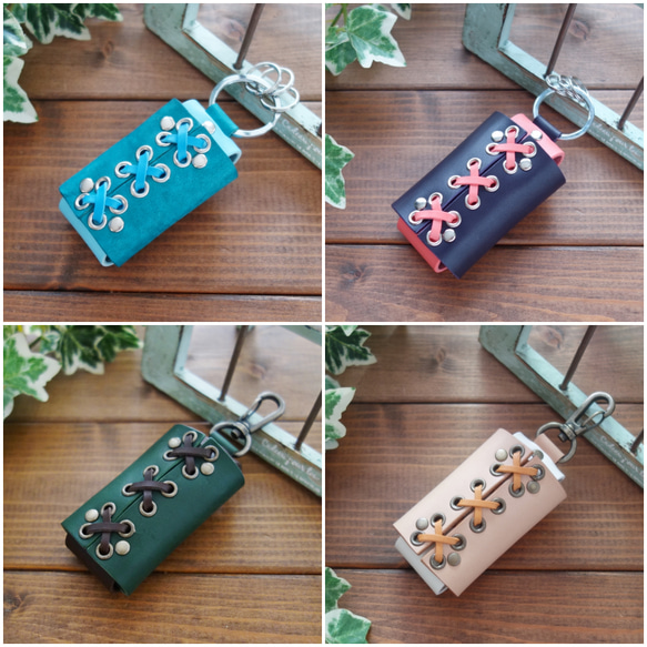 【受注製作】入れたままでボタンが押せる！オーダーメイドなひも編みレザースマートキーケース 【送料無料】 12枚目の画像