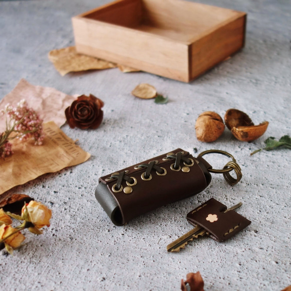 【受注製作】入れたままでボタンが押せる！オーダーメイドなひも編みレザースマートキーケース 【送料無料】 18枚目の画像