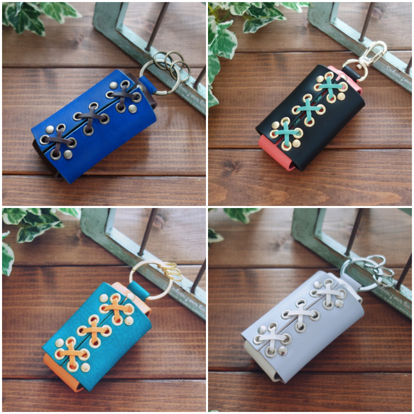 【受注製作】入れたままでボタンが押せる！オーダーメイドなひも編みレザースマートキーケース 【送料無料】 15枚目の画像