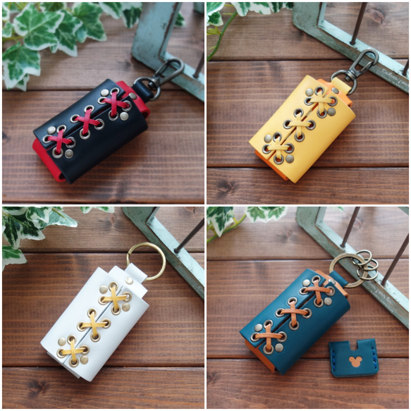 【受注製作】入れたままでボタンが押せる！オーダーメイドなひも編みレザースマートキーケース 【送料無料】 13枚目の画像