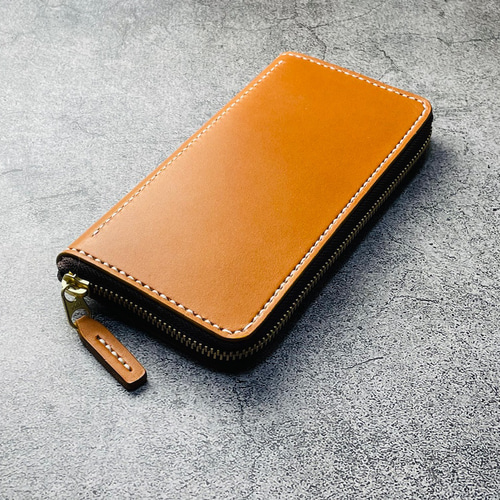 手縫】コンパクトラウンドジップキャメル色本革長財布（小銭入れ