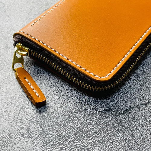 手縫】コンパクトラウンドジップキャメル色本革長財布（小銭入れ固定