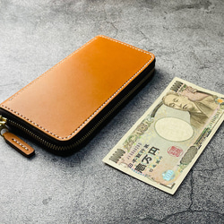 手縫】コンパクトラウンドジップキャメル色本革長財布（小銭入れ固定