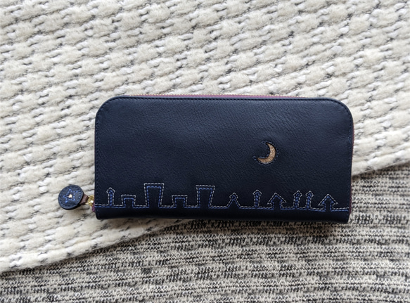 刺繍革財布『街』NAVY（牛革）ラウンドファスナー☆ 2枚目の画像