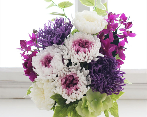 プリザーブドフラワー 仏花＜トワ Lサイズ＞ホワイト×パープル 菊