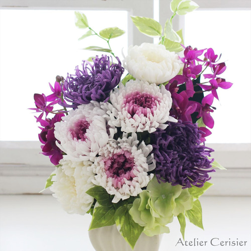 プリザーブドフラワー 仏花＜トワ Lサイズ＞ホワイト×パープル 菊
