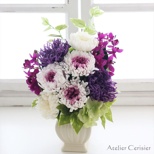 プリザーブドフラワー　お供え花　仏花　花器付　対　二基　濃紫　＊8.22 Amazon｜仏花 プリザーブドフラワー 花器付 菊 バラ お供え 仏壇