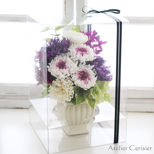 プリザーブドフラワー 仏花＜トワ Lサイズ＞ホワイト×パープル 菊