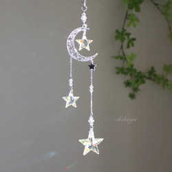 ショートタイプ✨光星（三ツ星）＆輝月 （シルバームーン）サンキャッチャー（Swarovski クリスタル） 2枚目の画像