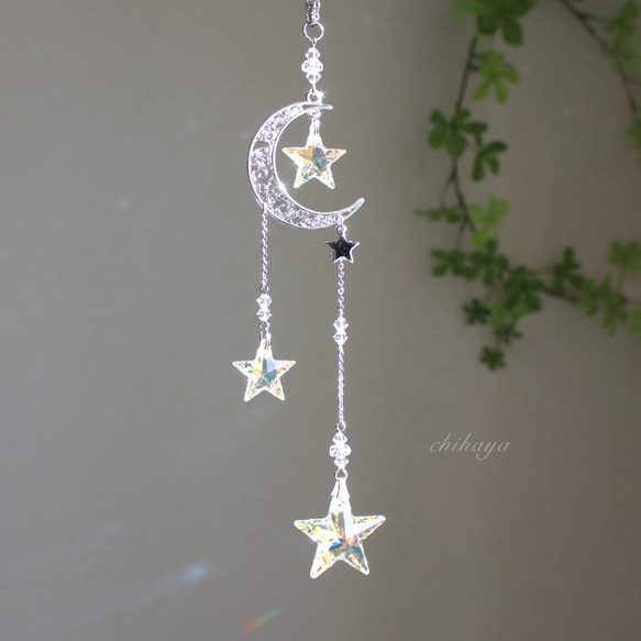 ショートタイプ✨光星（三ツ星）＆輝月 （シルバームーン）サンキャッチャー（Swarovski クリスタル） 2枚目の画像