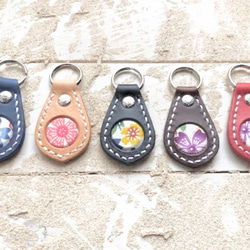 レザー キーホルダー2 沖縄紅型 お守り ミンサー刻印 キーリング