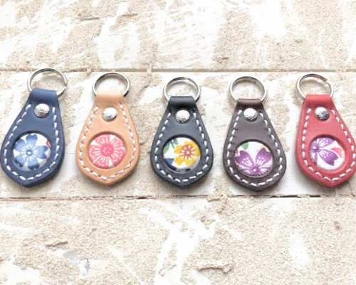 レザー キーホルダー2 沖縄紅型 お守り ミンサー刻印 キーリング