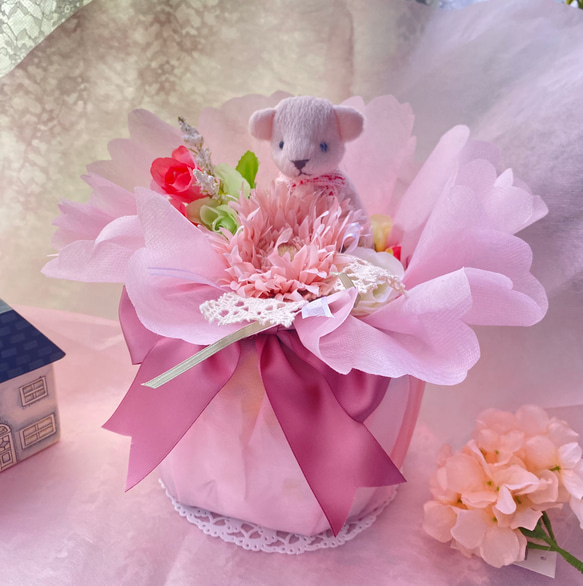 オムツケーキ アレンジ　mini pink 出産祝い　マグネット付き　 1枚目の画像