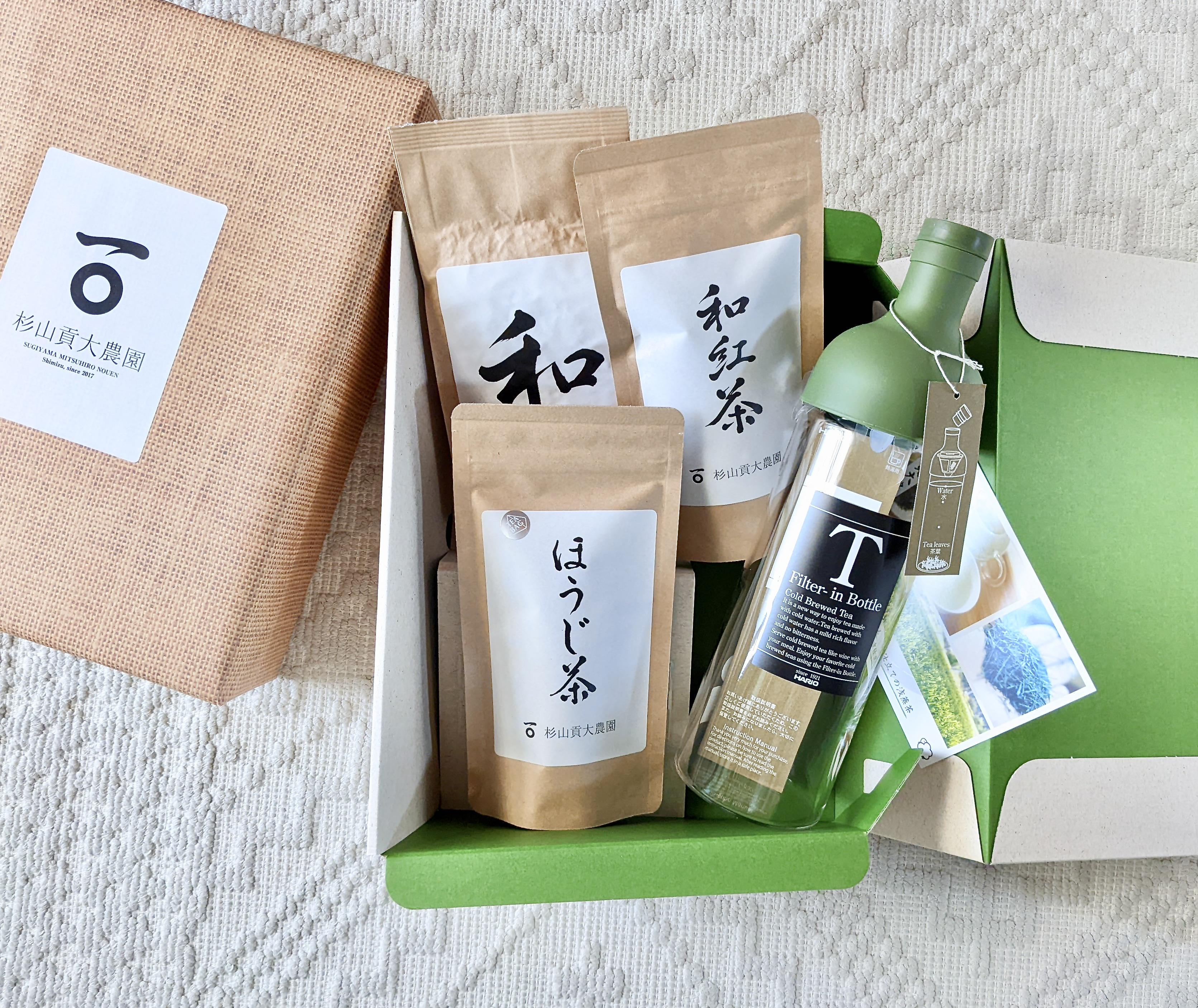 夏ギフトに☆緑茶「和」200g &「和紅茶リーフ」・「ほうじ茶ティーバッグ」＆茶こし付き耐熱ガラスボトルのギフトボックス