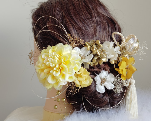 ちょい足しにも】正絹・淡金色の鶴の髪飾り7かんざし成人式卒業式和装ヘア和モダン 花華＿ 枝垂れパールの和装髪飾り 結婚式髪飾り 卒業式髪飾り 成人式