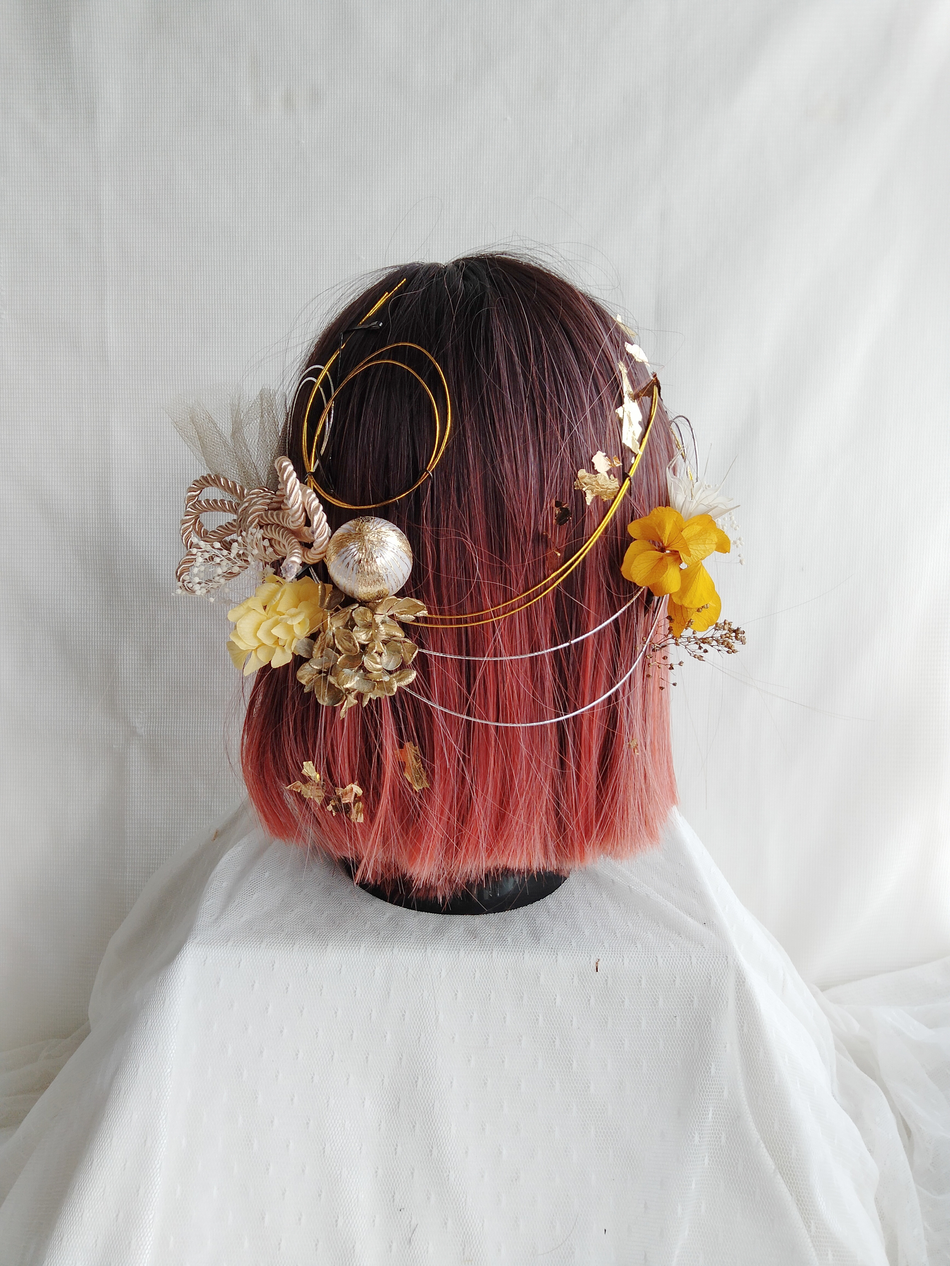 P10　ショートヘア　ショートカット　ショートカットアレンジ　ボブヘアアレンジ　水引きアレンジ　成人式髪飾り　和装髪飾り