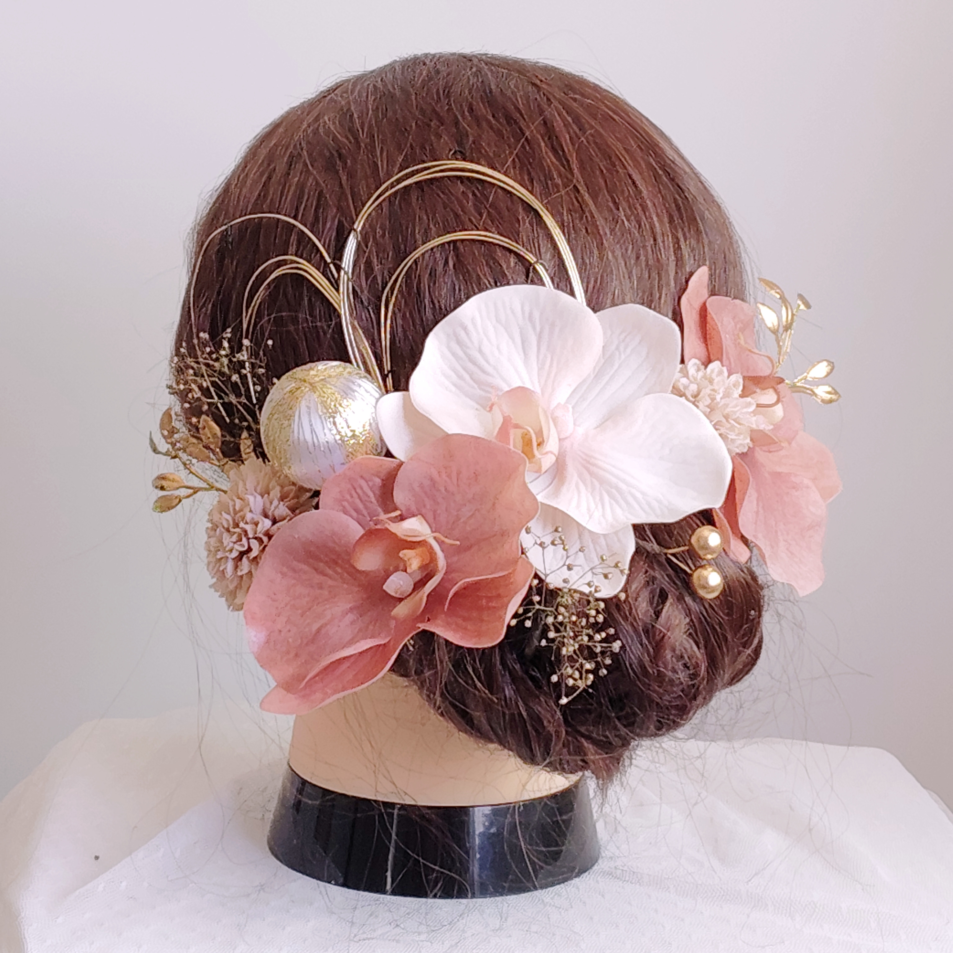 ブラウンピンク胡蝶蘭　和装　花嫁　前撮り　白無垢　卒業式　成人式　結婚式　髪飾り　ヘッドドレス　ヘアアクセ　ヘッドパーツ