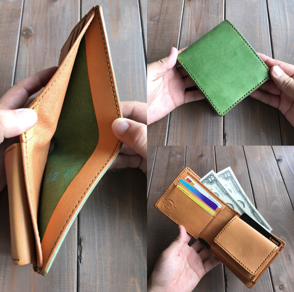 イタリアンレザーを使用した抹茶色とキャメル色の二つ折り財布 5枚目の画像