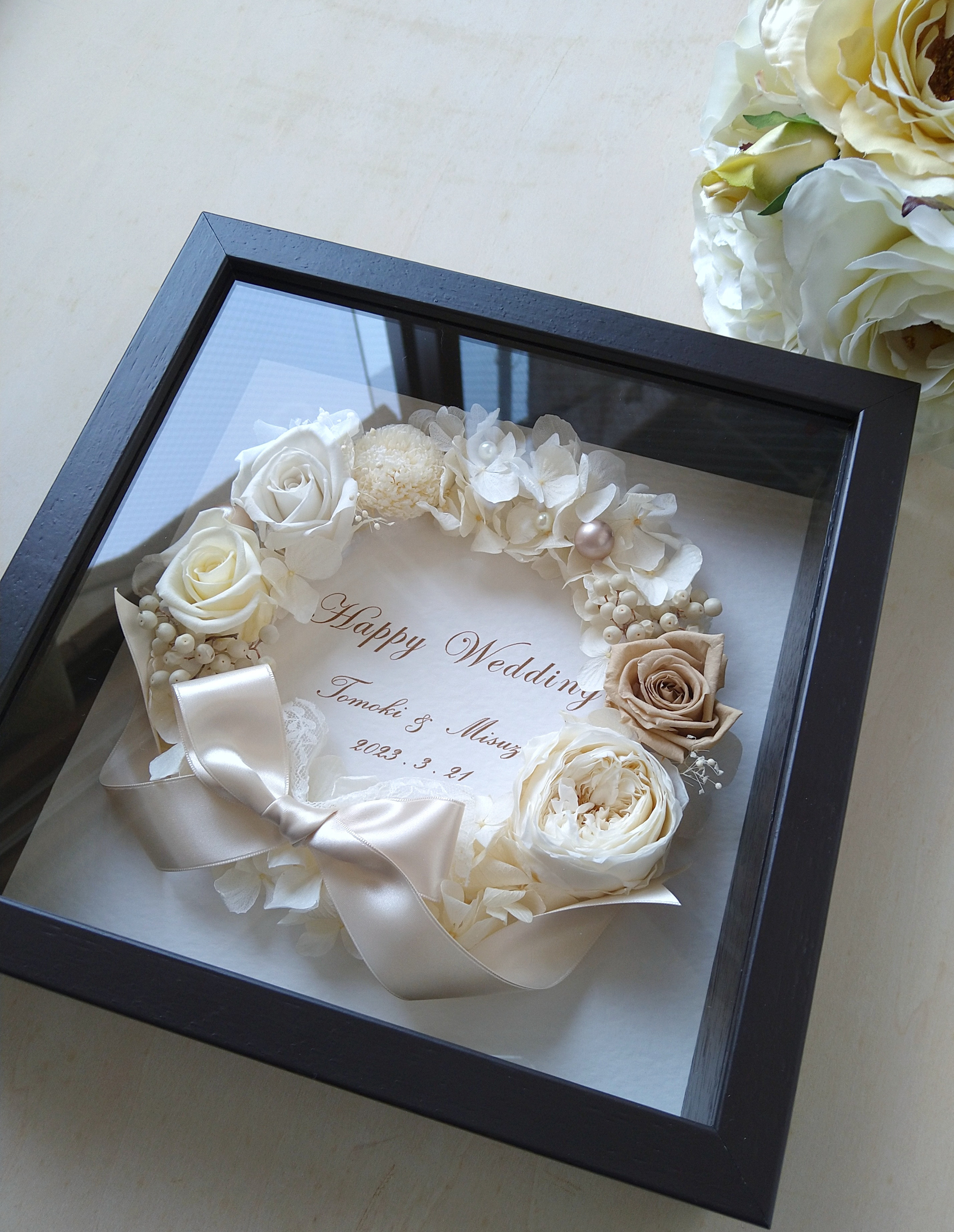 両親贈呈品 フラワーボックス (ホワイトリース&ブラウン) 結婚祝  子育て感謝状 サンクスボード フラワーギフト